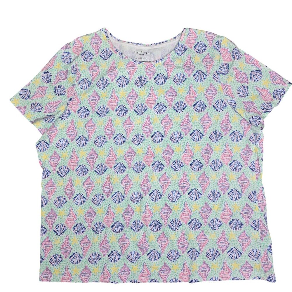 Talbots Plus Size 2X Womens Short Sleeve Seashell Print Cotton/Spandex Top